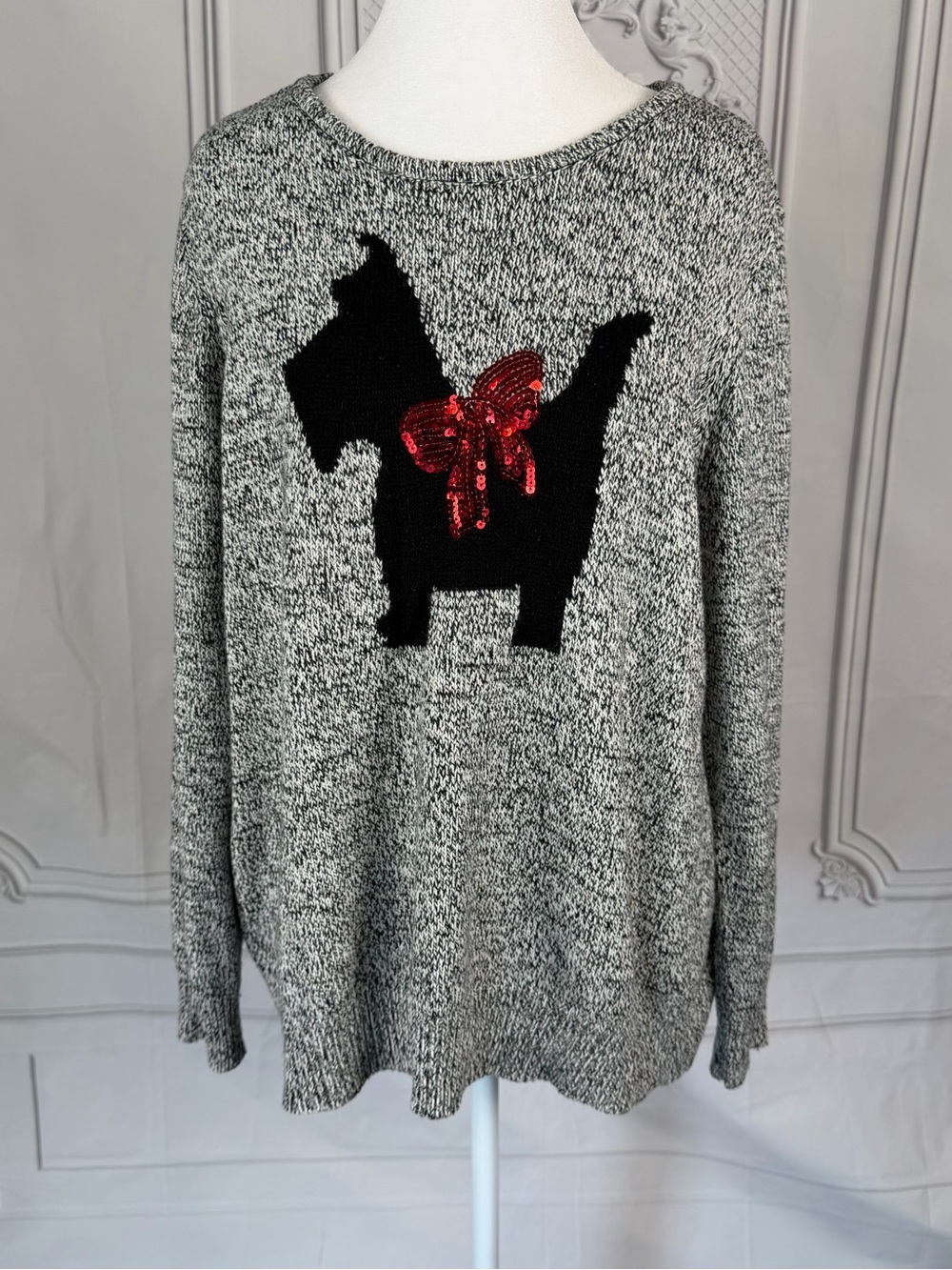 Croft & Barrow XL Gray Scottie Dog Sweater Red Sequin Bow Novelty Fall Winter